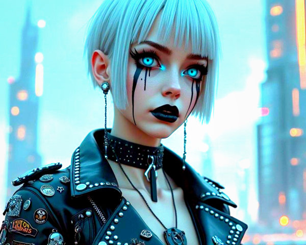 Young Woman in Cyberpunk City with Bold Aesthetic