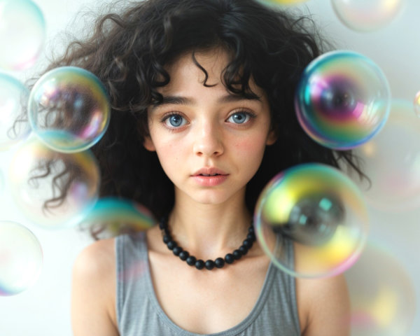 Young girl with curly hair and colorful soap bubbles