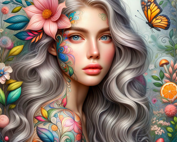 Portrait of a Young Woman with Silver Hair and Tattoos