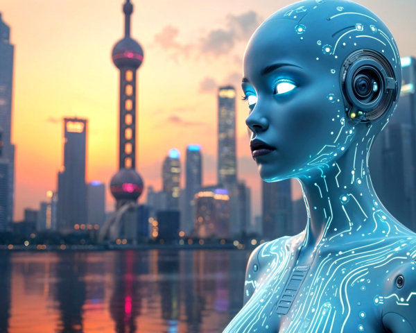 Futuristic Humanoid Robot Against Vibrant Cityscape
