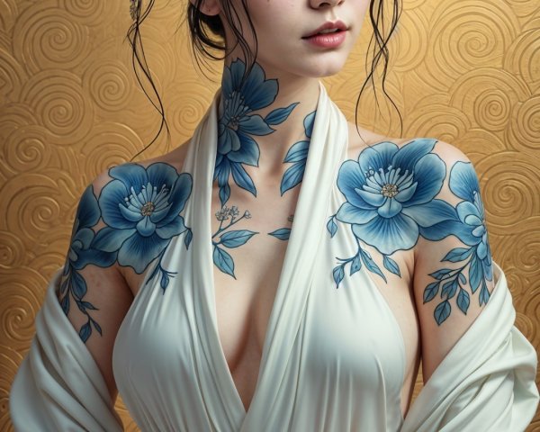 Elegant Woman in White Kimono with Floral Tattoos
