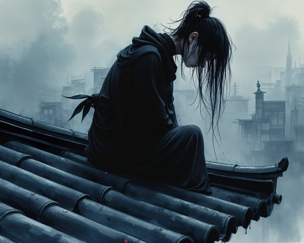 Solitary Figure in Black Robe on Rooftop at Dusk