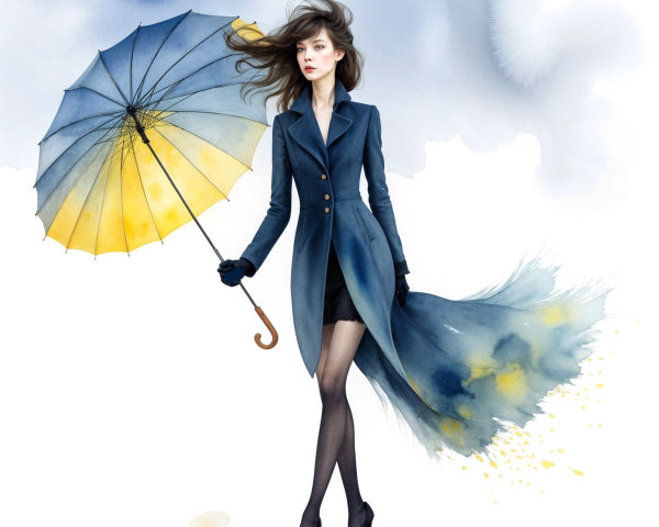 Graceful figure in blue coat with elegant umbrella