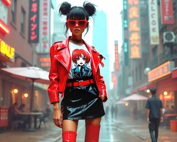 Fashion-forward individual in vibrant urban setting