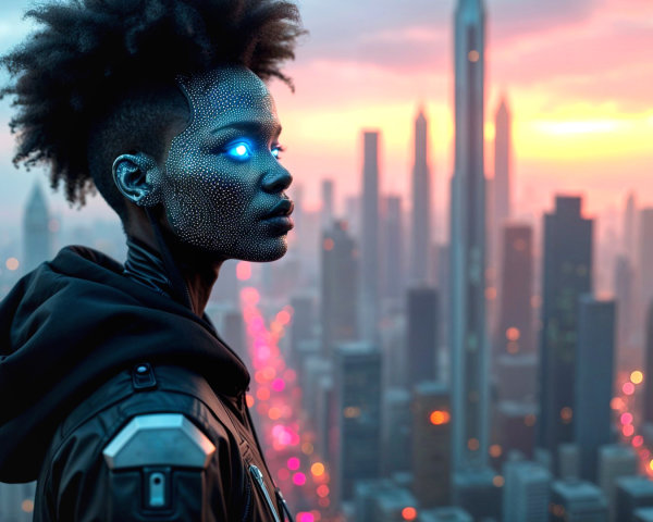Futuristic figure with glowing features against skyline