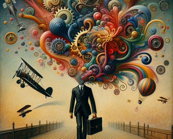 Suited Figure on Pier with Colorful Surreal Elements