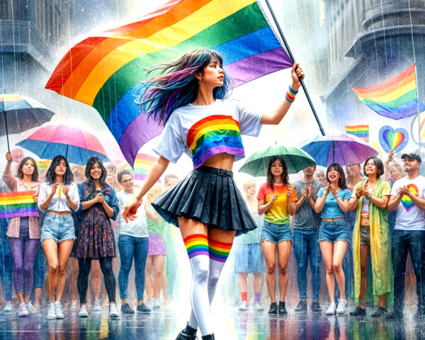 Vibrant Street Scene with Rainbow Flag and Celebration