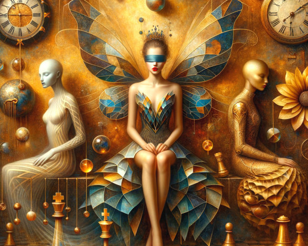 Surreal Scene with Butterfly Wings and Fantasy Elements