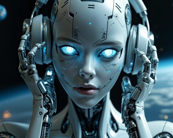 Futuristic humanoid robot in cosmic setting with headphones