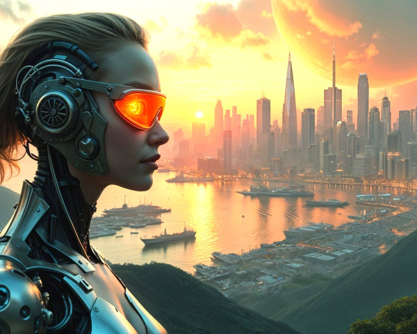 Futuristic City Skyline with Cyborg at Sunset