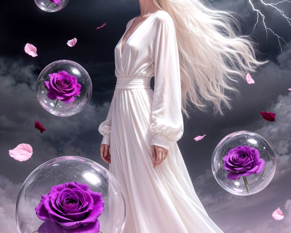 Serene figure in white dress among rose petals and bubbles