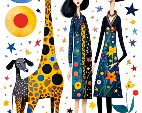 Whimsical Illustration of Women, Giraffe, and Dog