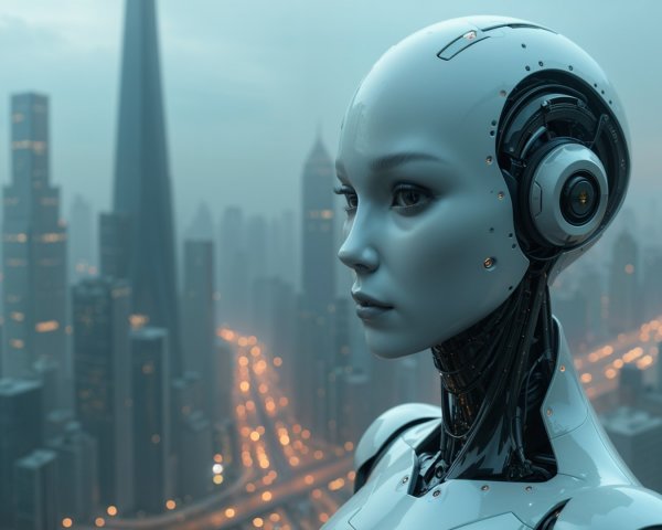Futuristic Robot Overlooking Illuminated Cityscape