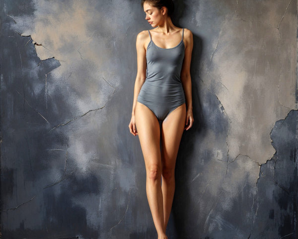 Tall Woman in Gray Swimsuit Against Textured Wall