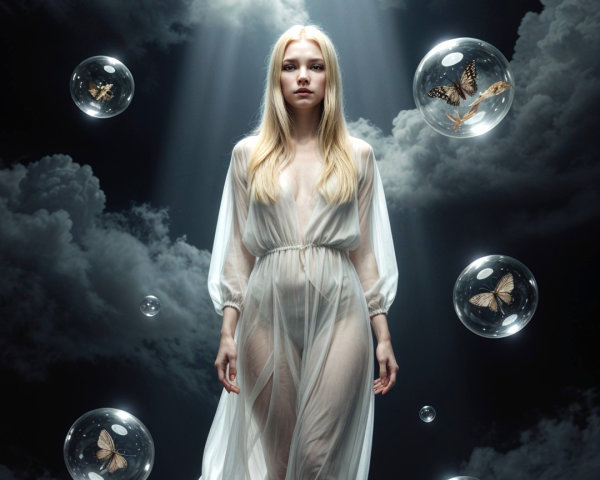 Ethereal figure in white gown amid mystical bubbles and clouds
