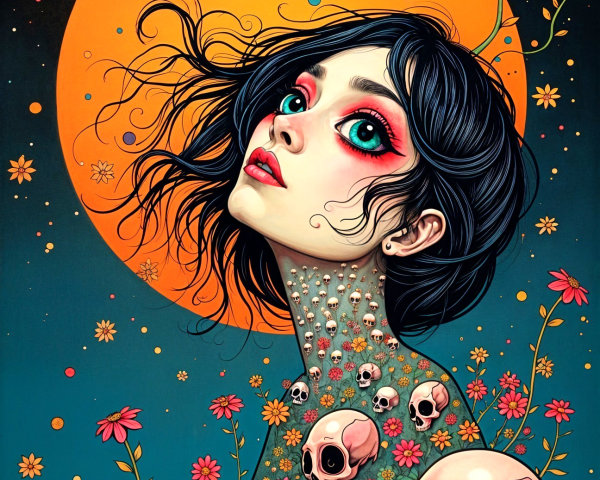 Young Woman Surrounded by Flowers and Skulls