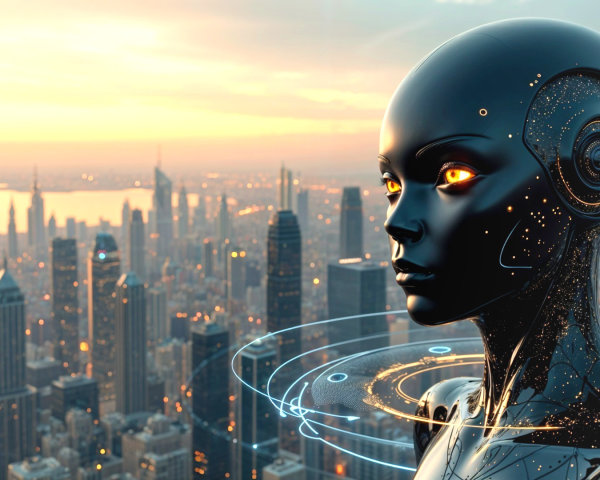 Futuristic Robot Against City Skyline at Sunset