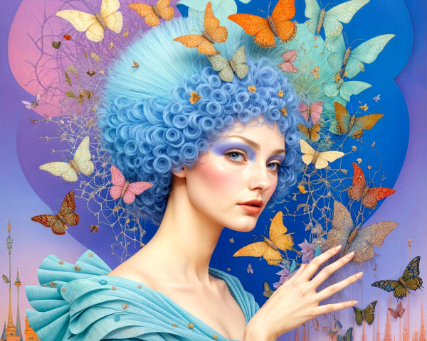 Woman in Blue Dress Surrounded by Colorful Butterflies