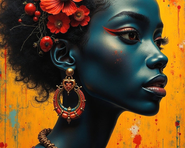 Portrait of a woman with blue skin and floral adornments