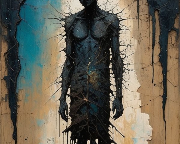 Humanoid Figure in Dark Paint Against Abstract Background