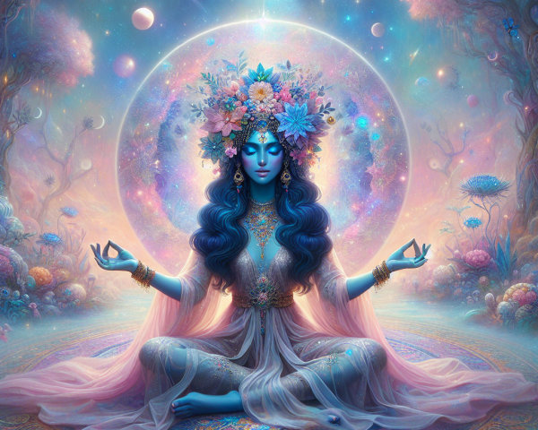 Meditative Figure in Mystical Floral Landscape