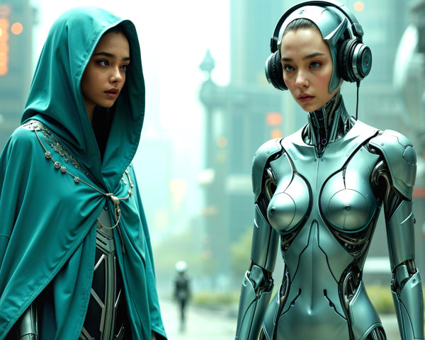 Futuristic Cityscape with Woman and Humanoid Robot