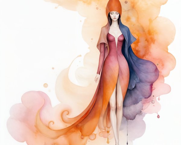 Mystical figure in flowing red to purple gown on white