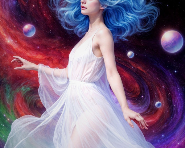 Serene Figure with Blue Hair in Cosmic Backdrop