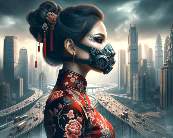 Woman in Red Dress with Gas Mask in Futuristic City