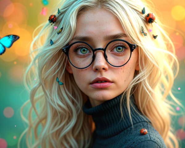 Young woman with blonde hair and green eyes in nature