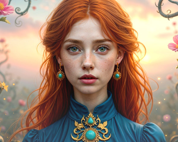 Young woman in blue dress with red hair and flowers
