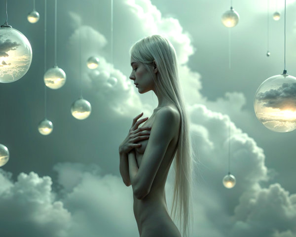 Ethereal Figure in Dreamlike Landscape with Orbs