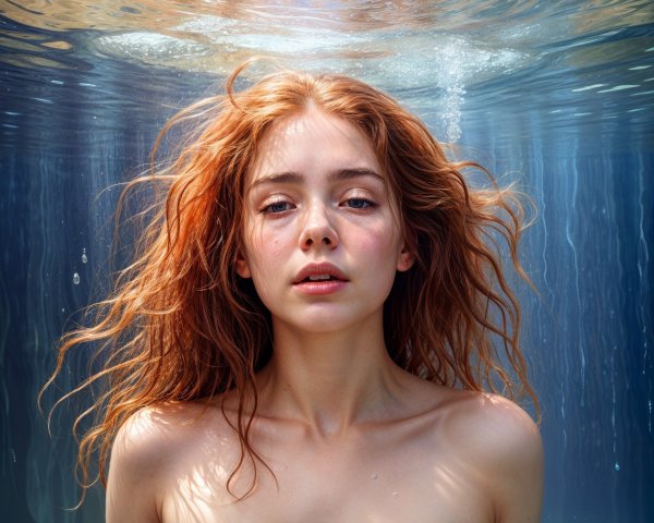Underwater Scene of a Young Woman with Red Hair