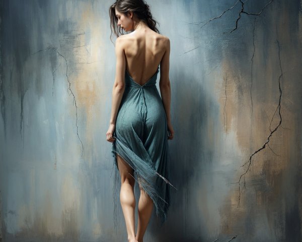 Woman in Teal Dress Against Textured Wall Background