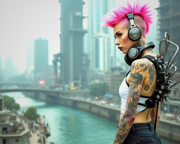 Stylish Figure with Pink Hair on Urban Rooftop