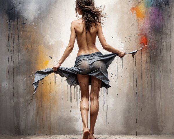 Woman in Flowing Garment Against Colorful Wall