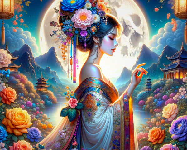Serene woman in gown by moonlit landscape and pagodas