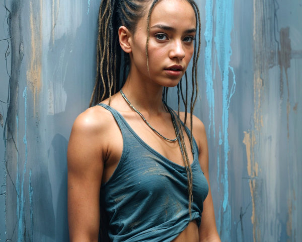 Young woman in sleeveless top against textured backdrop