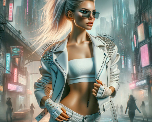 Futuristic cityscape with neon lights and fashion figure