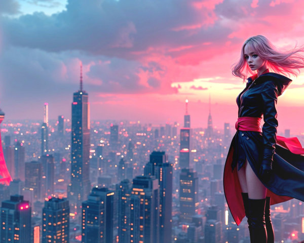 Dusk Cityscape with Young Woman in Black Outfit