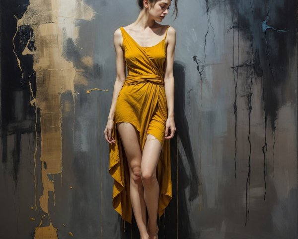 Model in Yellow Dress Against Abstract Gray and Gold Backdrop