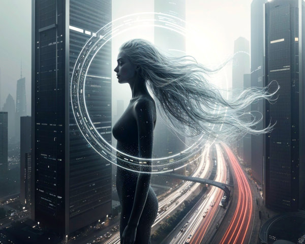 Silhouette of a Woman in a Futuristic Cityscape