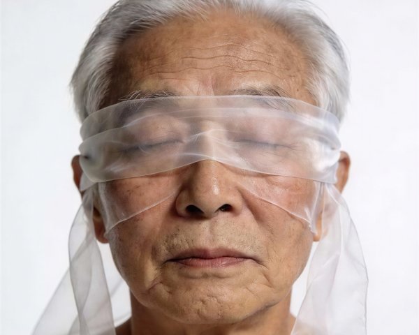 Elderly Asian Person with Blindfolded Close-Up Portrait