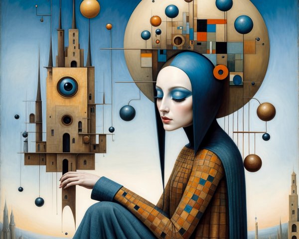Serene Figure with Blue Makeup and Geometric Background