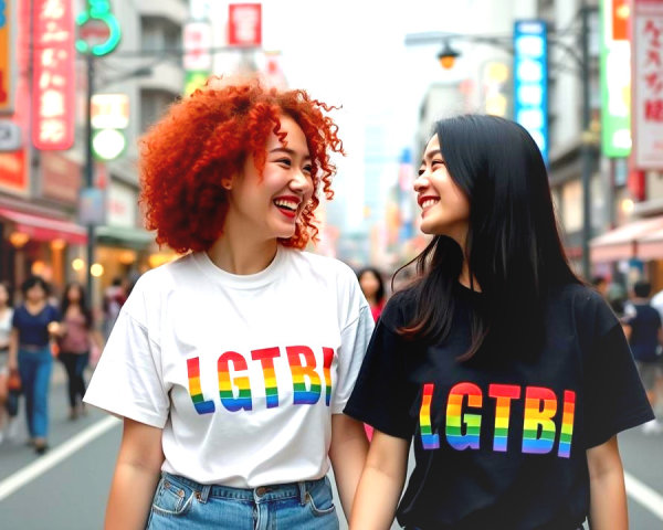 Young Women in Rainbow T-Shirts on City Street