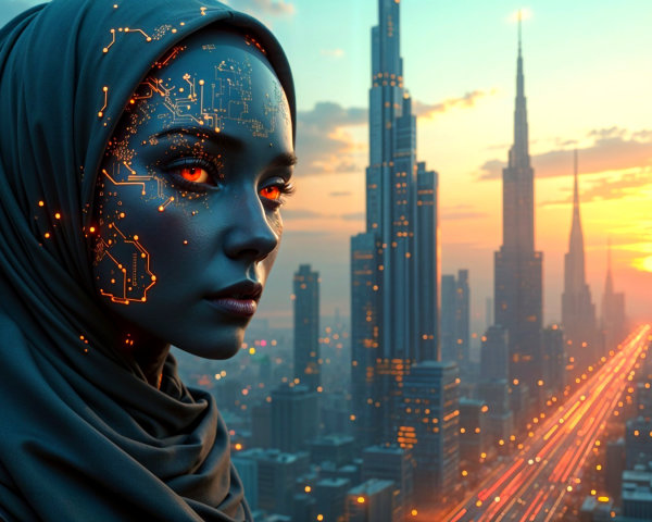 Futuristic Woman with Illuminated Face and City Skyline