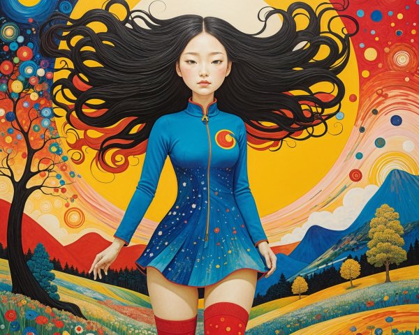 Girl in Blue Dress Amidst a Colorful Dream Landscape