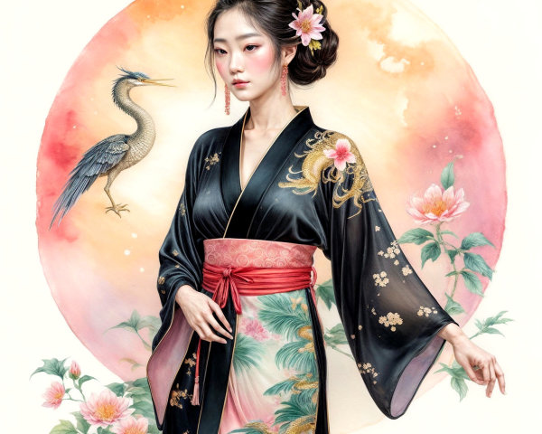 Traditional Kimono with Floral Patterns and Heron