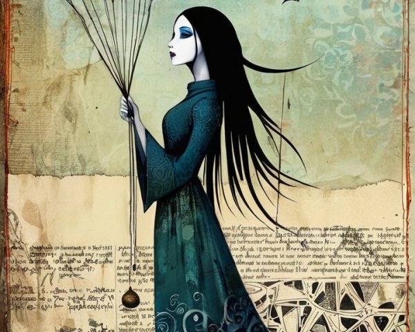 Whimsical Figure with Red Balloon and Textured Backdrop