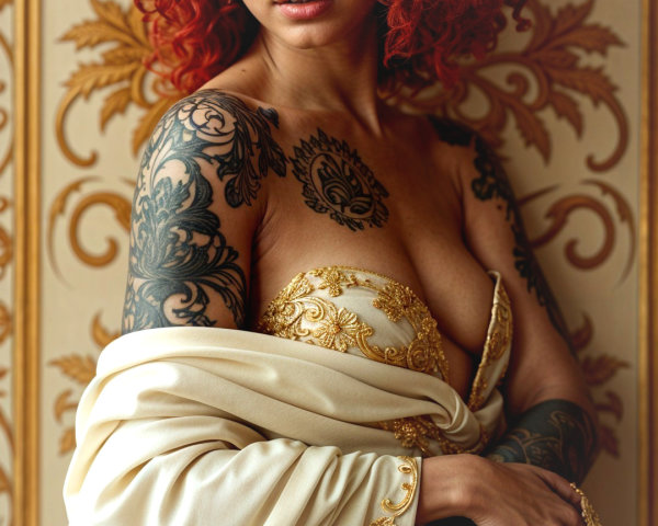 Elegant Woman in Gold Gown with Vibrant Red Hair